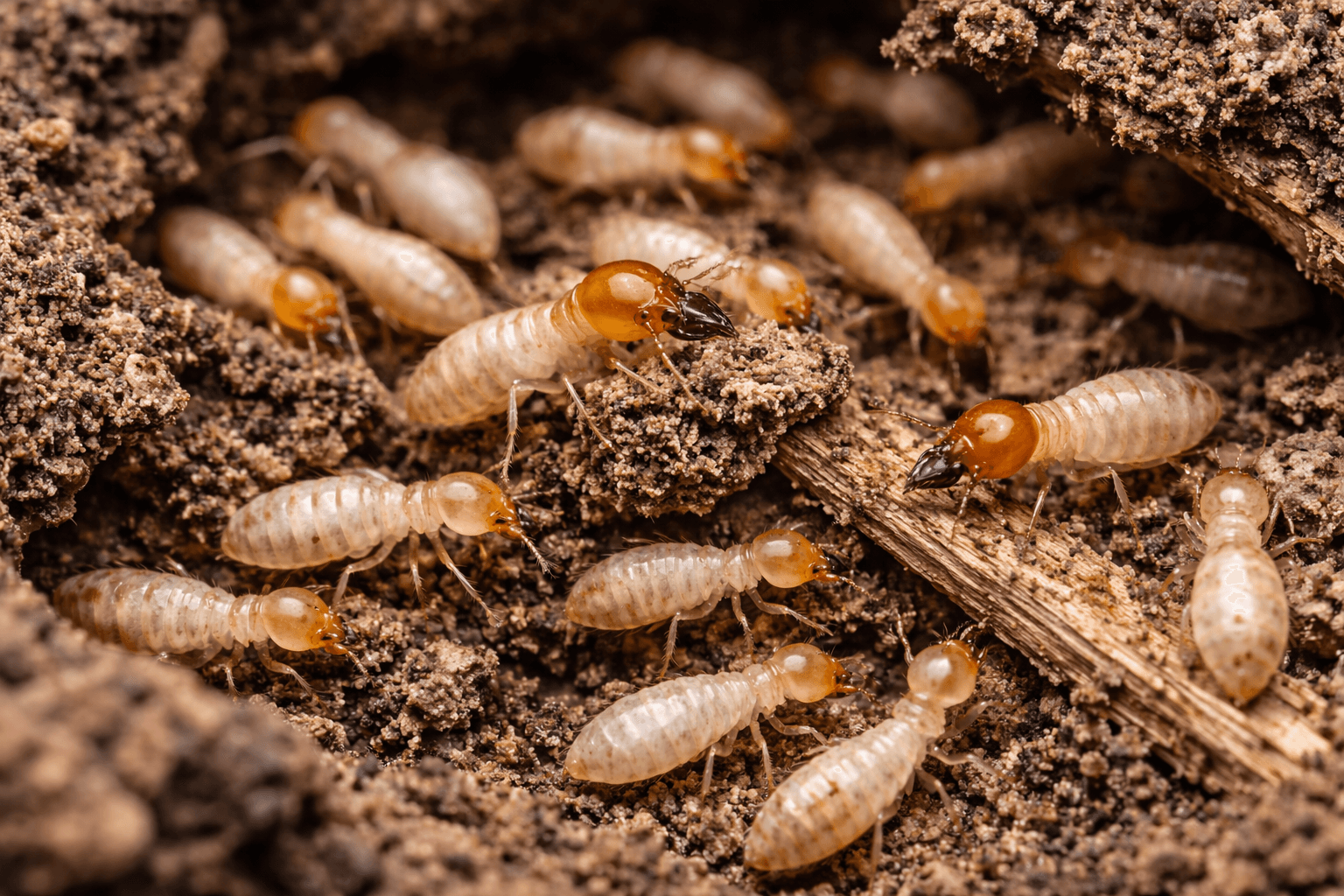 Termite workers and soldiers in damaged wood